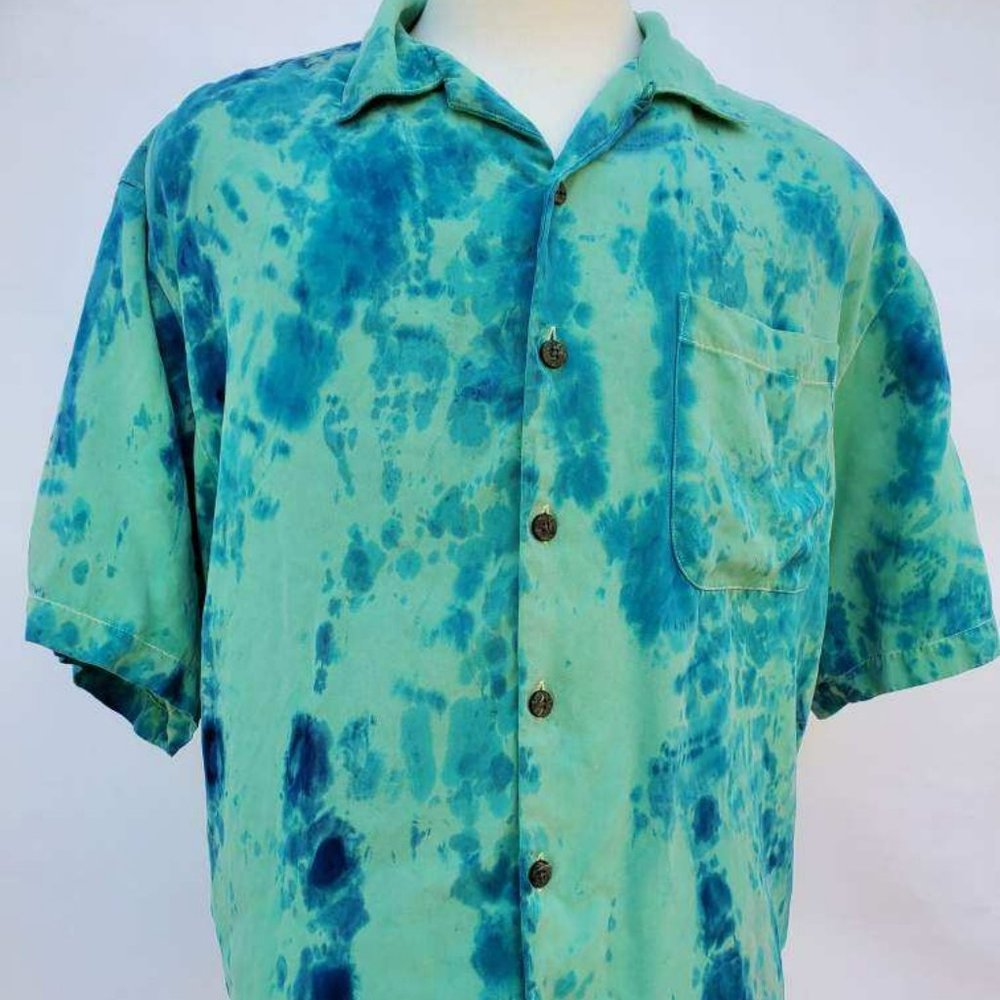 Painted Tommy bahama short sleeve silk shirt blue green tropical beach tie dyed